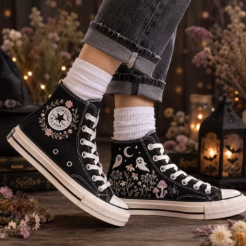 Floral Personalized Gothic Wedding Sneakers, Cute Ghost Embroidered Converse High Tops, Custom Bride Shoes, Halloween Gift for Her