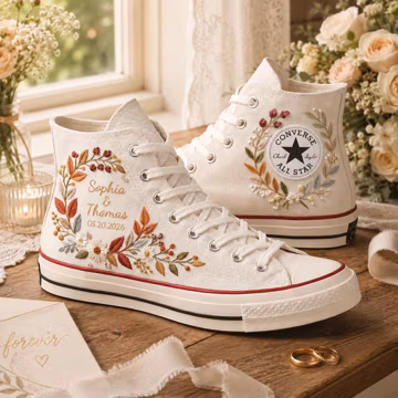 Custom Embroidered Wedding Sneakers, Personalized Floral High Top Canvas Shoes, Bridal Sneakers, Bride Wedding Shoes, Custom Name Gift