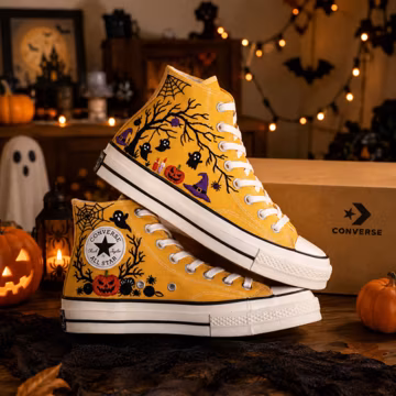 Halloween Embroidered Converse High Top Shoes, Ghost Pumpkin Witch Sneakers, Spooky Halloween Shoes, Handmade Canvas Sneakers
