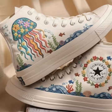 Ocean Embroider Custom Shoe, Jellyfish Handmade Converse Embroidery Gift, Valentine Gift