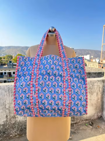 Quilted Cotton Tote Bag: Hand Block Print Shopping Bag