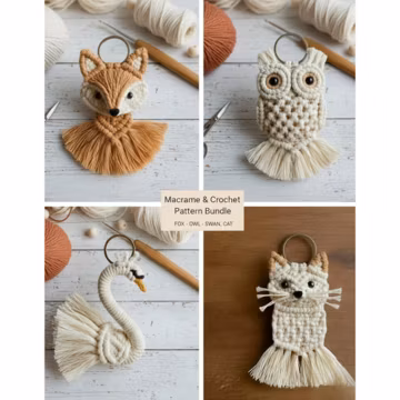 Animal Macrame and Crochet Keychain Pattern Bundle - DIY Fox, Owl, Swan, and Cat Keychain Tutorial - Step-by-Step PDF Pattern
