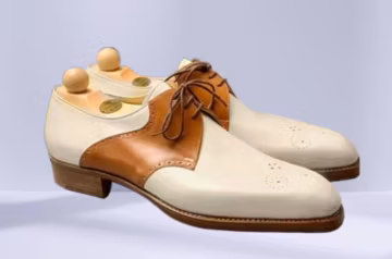 Men's Handmade Tan & White Leather Lace up Oxford Formal Dress Shoes
