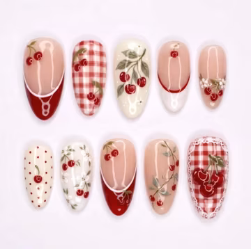 Handmade Vintage Cherry Nails, Red Gingham Plaid Nail Art, Meticulous Hand-painted Fruit Nail Set, Coquette Vibes, Summer Nails