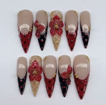 Handmade Red Floral Press On Nails, Lace French Tip Nail Set, 3D Flower & Gold Filigree Accents, Nails For Vintage Goth Aesthetic Vibes