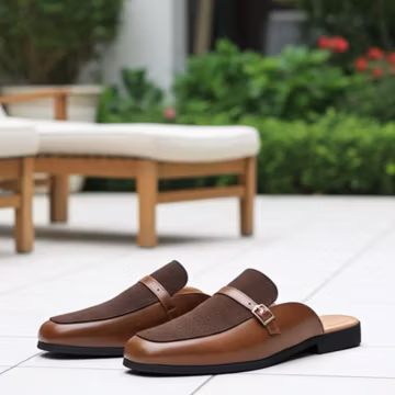 Handmade Brown Leather Fabric Mules for Men | Backless Slip-On Loafers & Luxury Casual Shoes