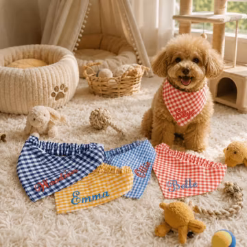 Customized embroidered name scarf for pets | Checkered dog triangular scarf | Optional font and embroidery thread colors