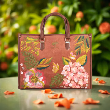 Embroidered Tote Bag, Brown Floral Vegan Leather Designer Unique Work Bag For Women