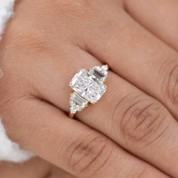 Radiant Lab Grown Diamond Engagement Ring, Baguette Side Stone, Vintage Style Ring, Luxury Bridal Ring