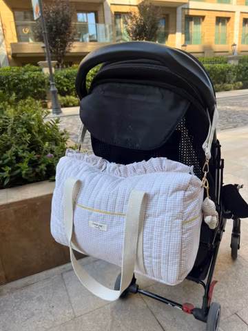 Cream Gingham Ruffle Stroller Caddy Bag / Travel Weekend Duffle Bag / Baby Shower Gift / Mother Baby Bag with Pockets / Mom Tote Organizer