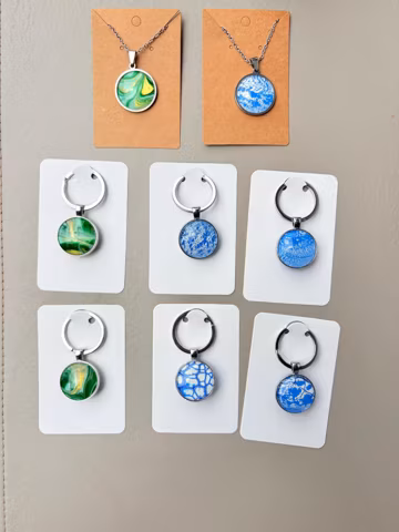 Keychains and Necklace Pendants Snowflake and Green Gold | Acrylic Pour Art | Keyrings | Handmade Gift