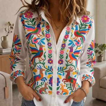 Mexican Huipil Blouse, Otomi Folk Art Shirt, Traditional Ethnic Top, Cultural Vacation Blouse