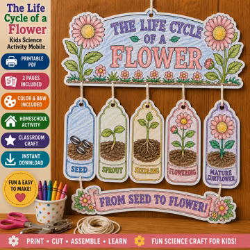Flower Life Cycle Craft Printable, Plant Science Mobile Activity, Seed to Flower Worksheet, Color and Black White PDF, Homeschool Craft