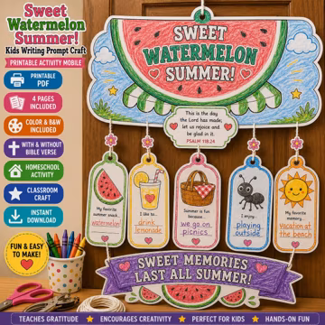 Sweet Watermelon Summer Craft Printable, Kids Writing Prompt Mobile, Classroom Activity, Christian Bible Verse Craft, Color and B&W PDF