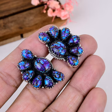 Turquoise Earrings, Sterling Silver Boho Stud Jewelry, Blue Purple Gemstone