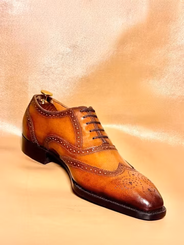 Hand-Patinaed Cognac Leather Wingtip Brogue Oxford Shoes