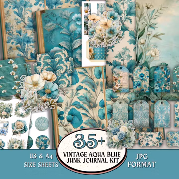 Vintage Aqua Blue Junk Journal kit, Aqua Roses Fussy Cuts, Birds,Tag,Pocket, Girly Journal, Blue Flower Ephemera, Floral Scrapbook Supplies