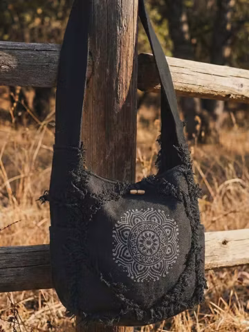 Handmade Cotton black mandala shoulder bag Boho Fringe Crossbody tote