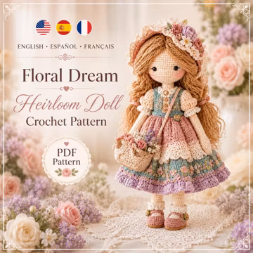 Floral Doll Crochet Pattern PDF, Heirloom Amigurumi Doll Pattern, English Spanish French, Flower Bonnet Doll, Digital Download