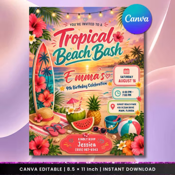 Tropical Beach Birthday Invitation Flyer, Printable Canva Template Digital Download, Summer Beach Party Invite, Hawaiian Luau Poster