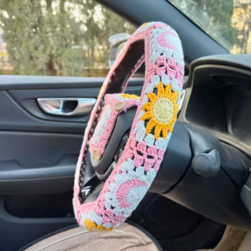 Crochet Pink Sun and moon Steering Wheel Cover Set with car coasters and seat belt covers