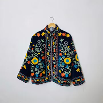 Suzani Embroidered Velvet Jacket | Handmade Short Ethnic Bohemian Coat