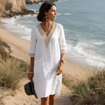 Cotton Lace Trim Dress for Women | Boho Summer Beach Dress | Relaxed Holiday Tunic | Casual Loose-Fit Shift Dress
