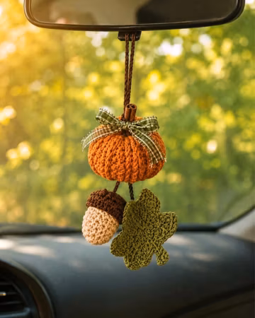 Autumn Pumpkin Leaves Fall Car Charm Mirror Hanger CROCHET PATTERN Halloween Thanksgiving Gift Market Party Decor Instant PDF Download