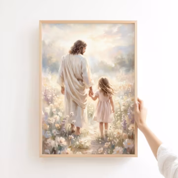 Jesus Walking with Child, Christ and Little Girl, Luminous Pastoral Scene, Devotional Painting, Christian Art, LDS Decor, Digital Download