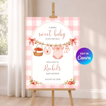 Berry Sweet Baby Shower Welcome Sign | Strawberry Baby Shower Sign | Canva Template