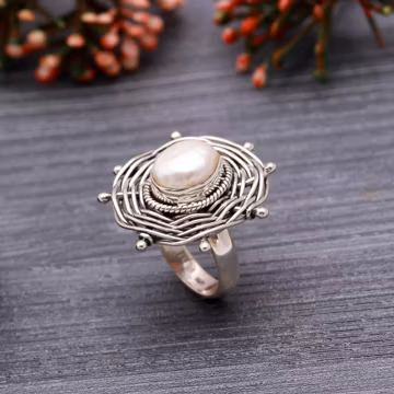 Handmade Freshwater Pearl Ring | Hammered 925 Sterling Silver Band