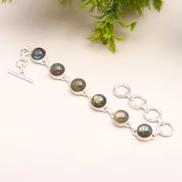 925 Sterling Silver Labradorite Bracelet – Round Cut Natural Labradorite Gemstone Jewelry |