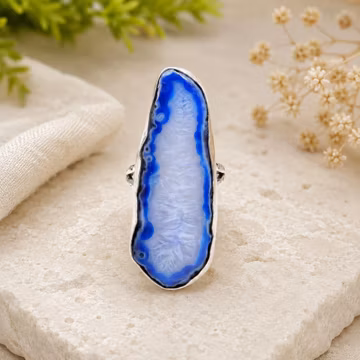 925 Sterling Silver Blue Agate Geode Slice Ring, Natural Druzy Crystal Statement Ring |