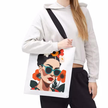Floral Frida Portrait Tote Bag | Sunflower Crown, Sunglasses
