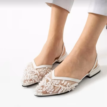 White Pearl Slingback Bridal Shoes - Low Heel Wedding Style