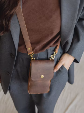 Vintage Brown Leather Phone Crossbody Bag | Small Leather Phone Pouch Sling | Minimalist Mobile Holder Bag | Gift For Her