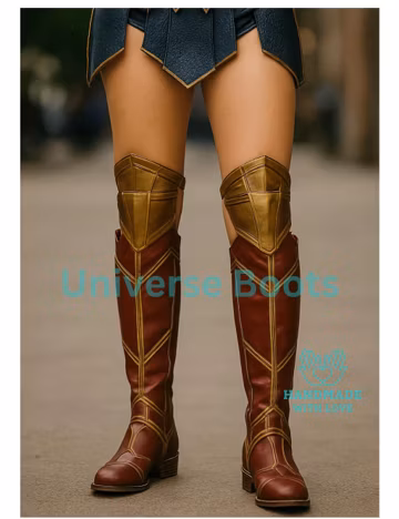Handmade Red and Gold Cosplay Boots – Women’s Knee High Superhero Costume Boots for Wonder Woman, Comic Con, Halloween & Cosplay Outfits