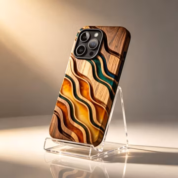 Carved Wood Wave Phone Case, Amber Green Faux 3D Resin Flow Cover (MagSafe Case)