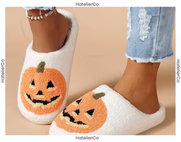 Halloween Pumpkin Slippers, White Plush House Shoes, Cozy Jack O Lantern Indoor Slippers, Non Slip Winter Home Shoes, Gift for Her