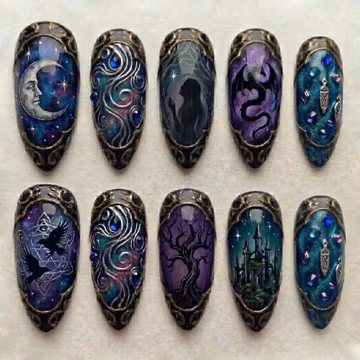 Handmade 3D Gothic Galaxy Press On Nails, Moon Dragon Castle Raven False Nails Dark Fantasy Celestial Nail Art