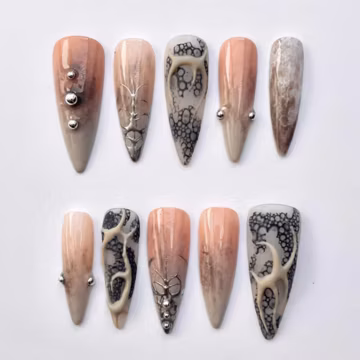 Handmade Neutral Marble Press On Nails | 3D Stone Texture & Chrome Detail | Luxury Beige Abstract Stiletto Set