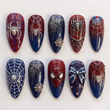 Handmade Spider Hero Inspired Press On Nails| Luxury 3D Spider Web Superhero Art | Red Blue Comic Custom Nails Set