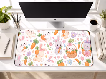 Cute Chibi Bunnies Deskmat, Pastel Floral Extended Desk Mat, Whimsical Carrot Keyboard Pad, Aesthetic Dorm Decor, Graduation Gift 00645
