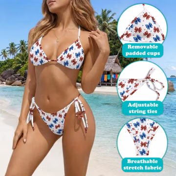 Cherry Bikini Set, Women Triangle String Bikini, Red Fruit Swimsuit, White Summer Beach Vacation Swimwear
