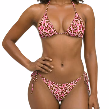 Pink Leopard Bikini Set, Women Triangle String Bikini, Wild Animal Swimsuit, Pink Summer Beach Vacation Swimwear