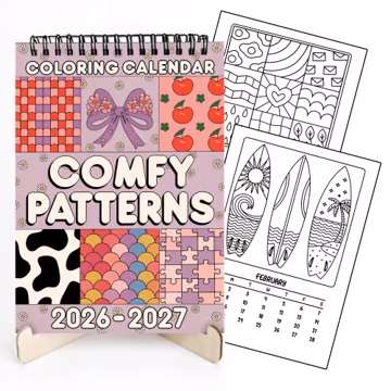 Comfy Patterns Coloring Desk Calendar 2026-2027 – A5 Wooden Stand