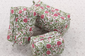 Pink Floral Quilted Cosmetic Bag Set | Handmade Cotton Toiletry Pouch | Travel Organizer Gift