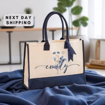 Personalized Flower Month Canvas Tote Bag, Custom Floral Design Tote, Birthday Gift for Women, Everyday Eco-Friendly Bag