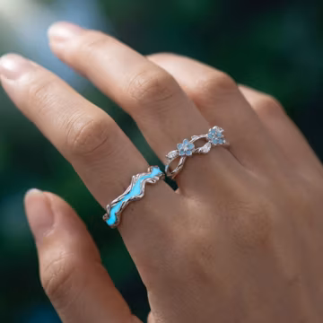 Forget-Me-Not Couple Rings | Blue Floral Promise Set, Adjustable Silver Tone