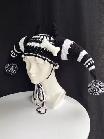 Black & White 3D Jester Hat — Hand-Crocheted Carnival Clown Hood